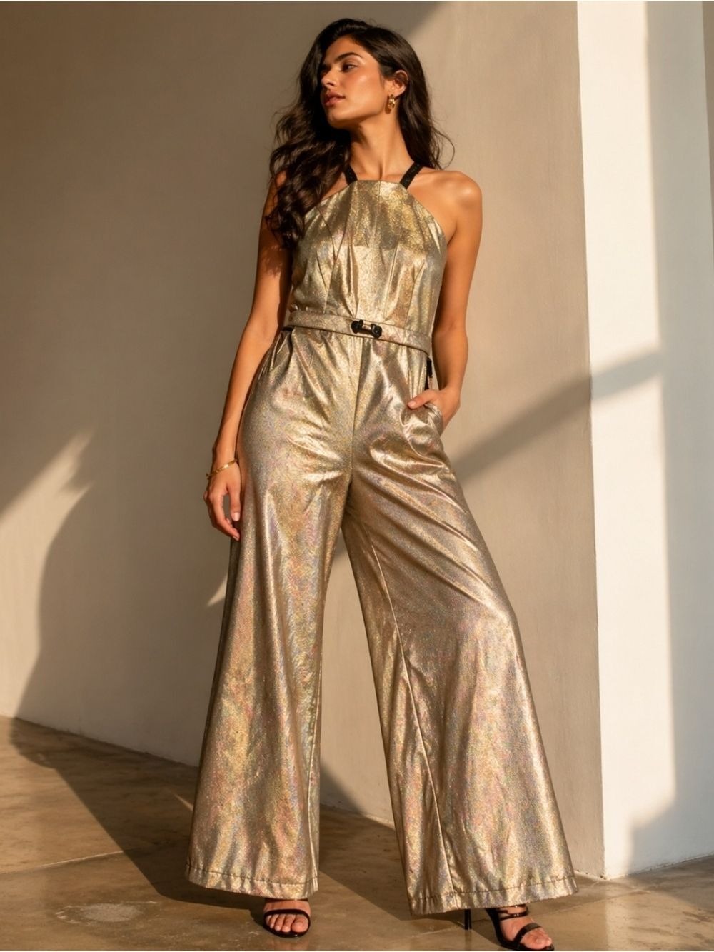 Koral Ribbed Wide Leg Elastic Jumpsuit Gold Sz Small